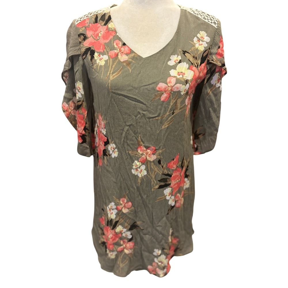 Floral Shift Dress Womens Olive Green Excellent Crochet Lace Back Slit Sleeve